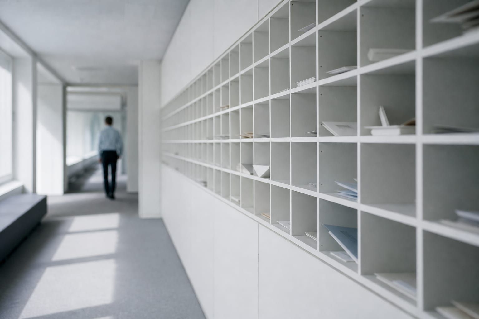Pasillo de oficina con una pared de casilleros de correo y una persona que se aleja