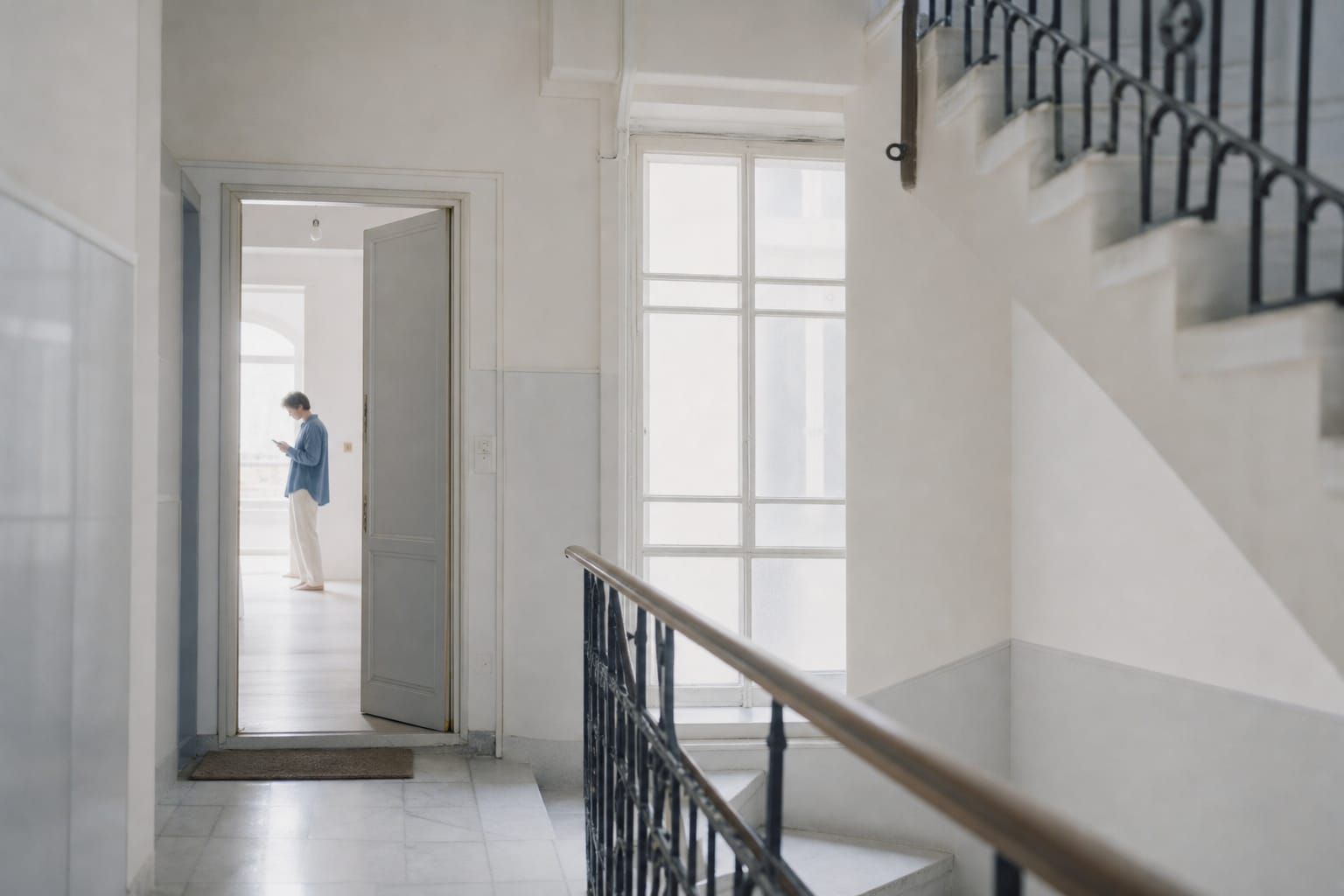 Escalera de un edificio de viviendas; al fondo, una persona en la puerta de un piso vacío