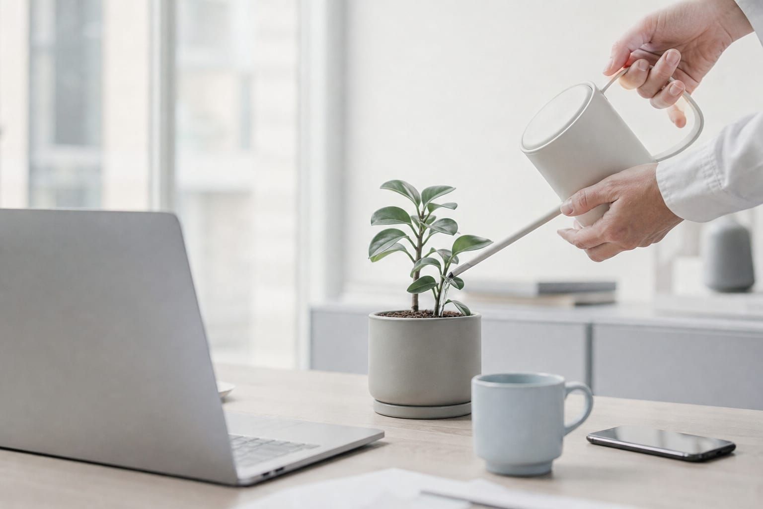 Alguien riega una planta pequeña en un escritorio, junto a un portátil