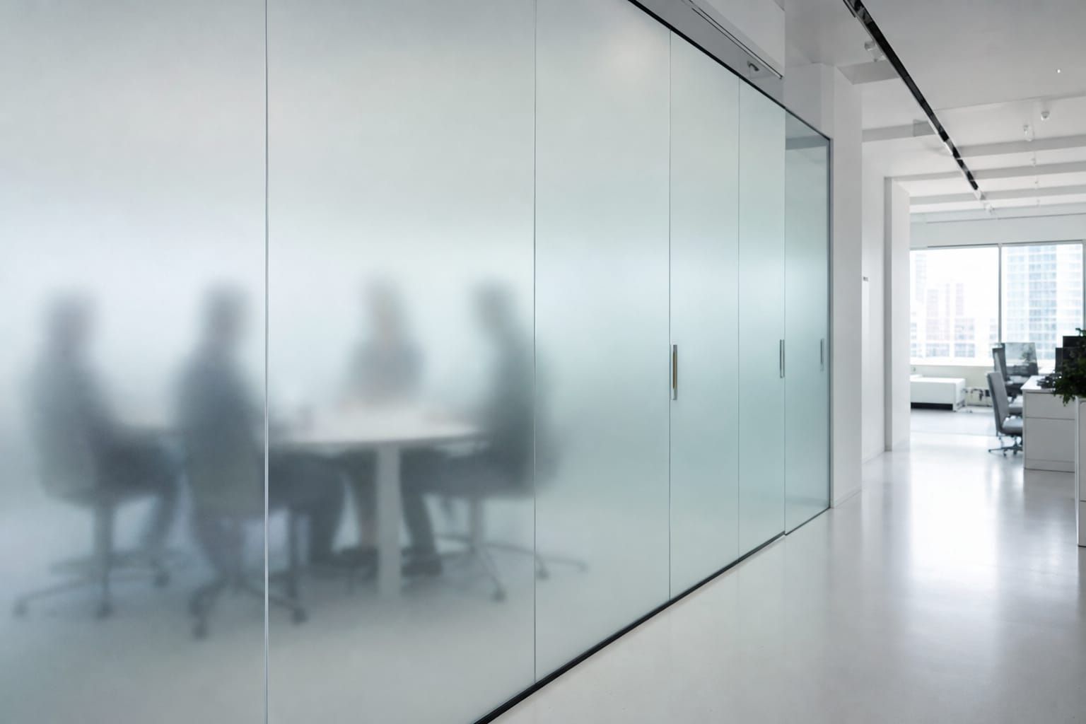 Sala de reuniones con cristal esmerilado; dentro se adivinan cuatro personas